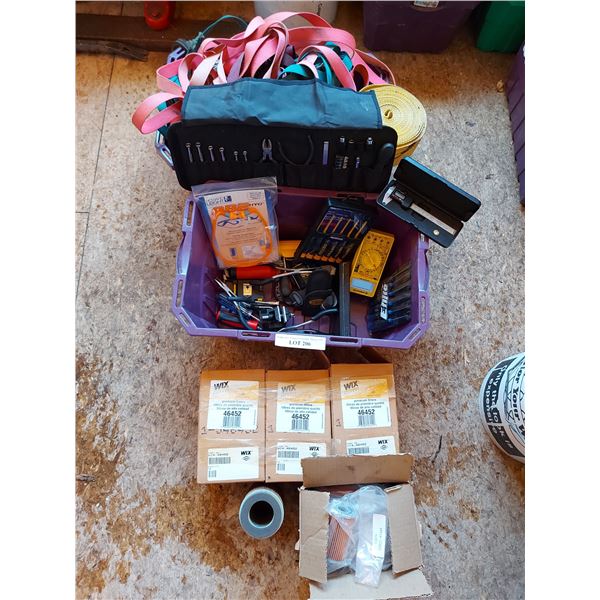 Asst filters, ratchet straps, tow straps, asst tools