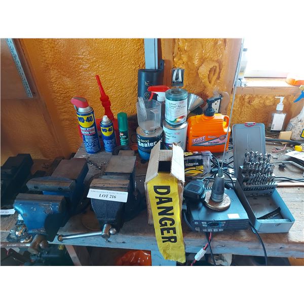 Kenwood VHFM transceiver w/mic and arial, vice grips (x2), roll of danger tape, drill bit set, vario