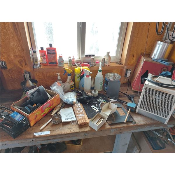 Asst shop supplies (incl. bottles of w-stroke engine oils, funnels, asst badges/pins); space heater 
