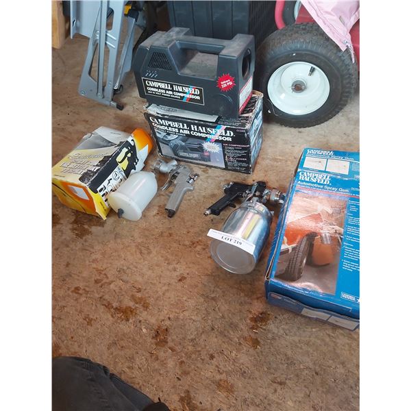 Campbell Housefield automotive spray gun; Eminent spray gun; Hausfield cordless air compressor