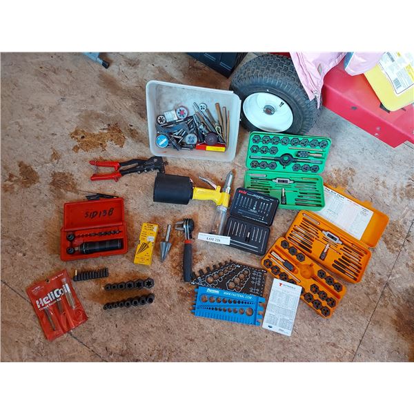 Value rivet, hole punch, tap & die set (x2), Pro-tin quick change bit kit, burring reimer, misc tool