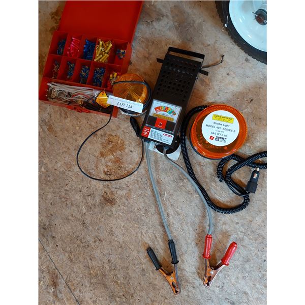 Target tech strobe light, Star strobe light, box of asst electrical accessories, Motormaster battery