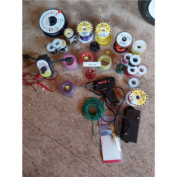 Asst electrical wires, cables, Weller soldering gun, Zero start super heat magnet