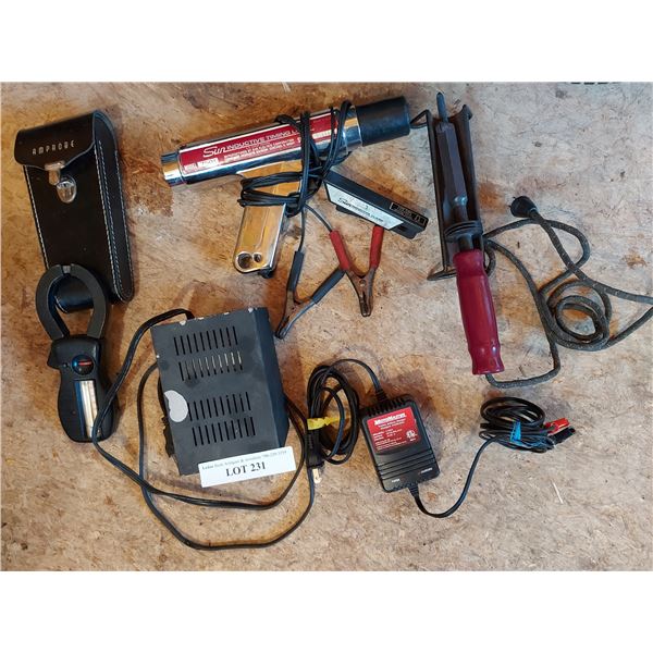 Amprobe, sun inductive timing light, Motomaster trickle battery charger, solder rod