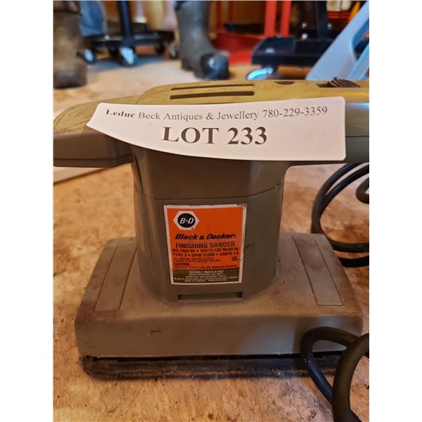 Black & Decker finishing sander; Dewalt palm grip sander; quick grip curved bar clamps (x4)