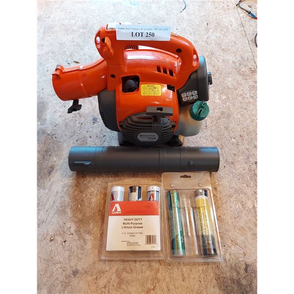 Husqvarna 125B gas powered leaf blower; heavy duty multipurpose lithium grease (x5 cartridges)