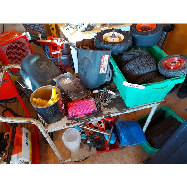 Metal shop cart, asst tires (small), asst nylon line, funnel, chain w/ padlock, containers, guards, 