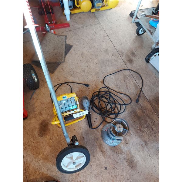 RAB Industrial light; NOMA hanging shop light; distance measuring wheel; Coleman portable camp stove