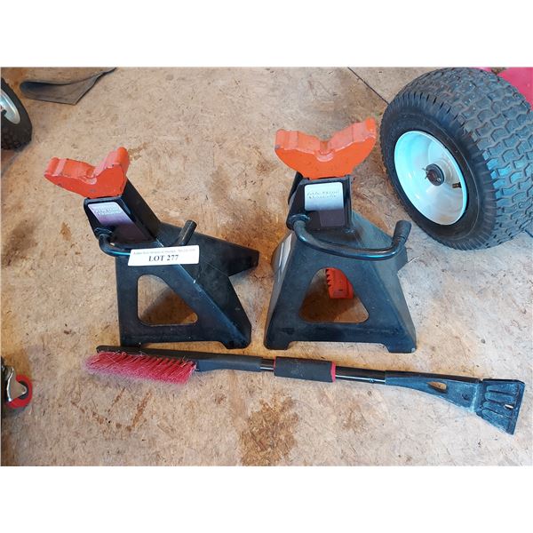 Motomaster axel stand (x2); car window brush