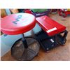 Image 2 : Shop stools (x2) on wheels, metal signs (x5)