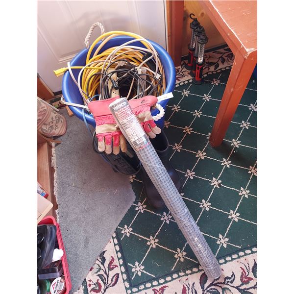 Large plastic tub; rubber boots; work gloves; electrical cords and power bars; iron wire mesh