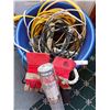 Image 2 : Large plastic tub; rubber boots; work gloves; electrical cords and power bars; iron wire mesh