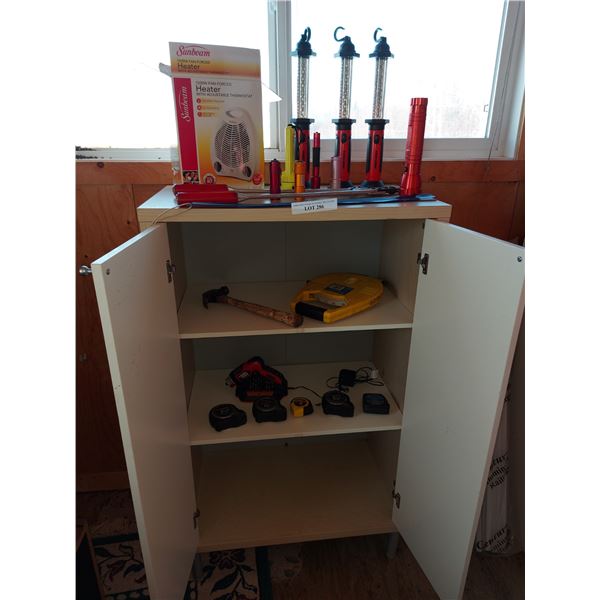 White cabinet w/ doors; asst flashlights; Black & Decker Smart Deriver; asst measuring tapes; Sunbea