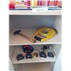 Image 3 : White cabinet w/ doors; asst flashlights; Black & Decker Smart Deriver; asst measuring tapes; Sunbea