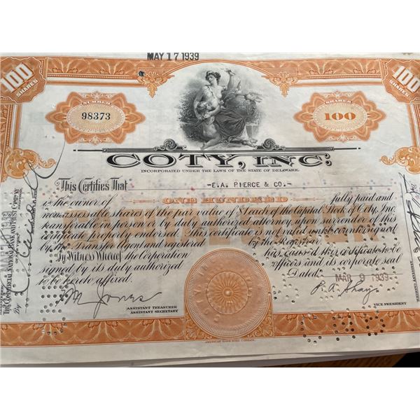 1939 COTY Stock Certificate