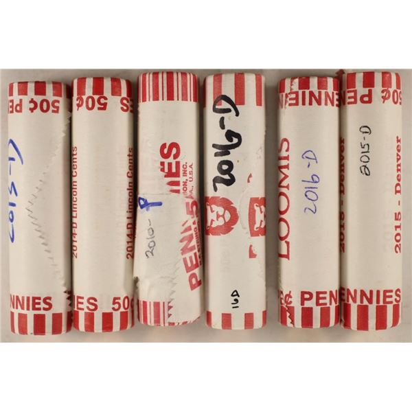 6-50 CENT ROLLS OF BRILLIANT UNC LINCOLN CENTS