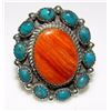 Image 1 : Navajo Kingman Turquoise Orange Spiny Cluster Ring Sz 8