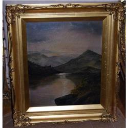 Antique Oil on Canvas Mountain Lake Landscape, #2365499