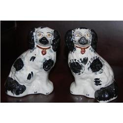 Pair Antiques Black & White Staffordshire Dogs,#2365500