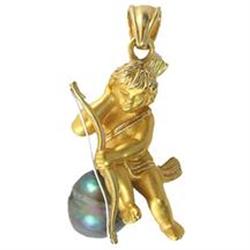 Vintage 18K Gold Black Pearl Cherub Pendant #2365558