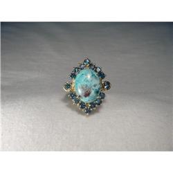 14K YG Gold Blue Topaz Turquoise Filigree Ring #2366026