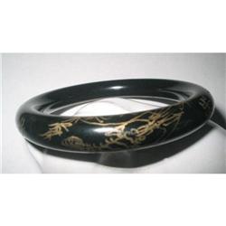 Black Glass Bangle Etched Asian/Oriental Design#2375980