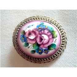 Art Deco Silver 800 & Porcelain Brooch "C" #2375998