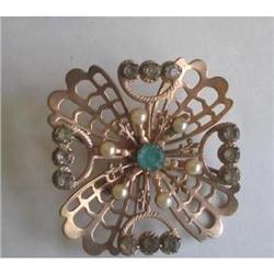 Art Deco Gold Vermeil Aqua Rhinestone Brooch #2376000