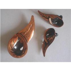 Copper "Leaf" Brooch & Earrings Demi Parure #2376079