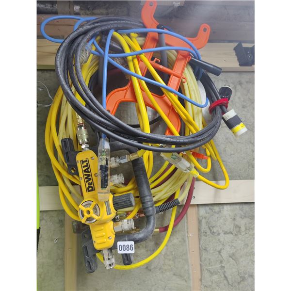 Assorted Hoses and Extension Cords and DeWalt Presure Gauge