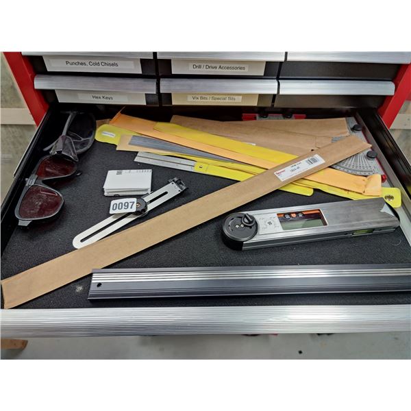 Assorted Rulers, Safety Glasses and Level