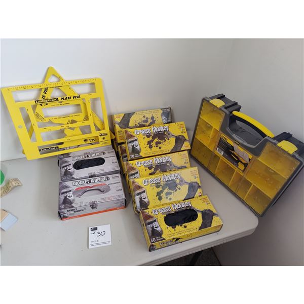 Assorted Disposable Gloves and Plate Vise