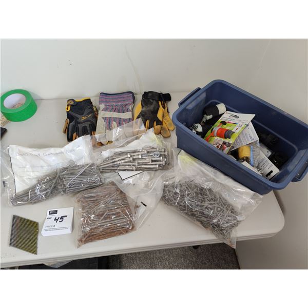 Work Gloves, Assorted Electrical Hardware and Nails