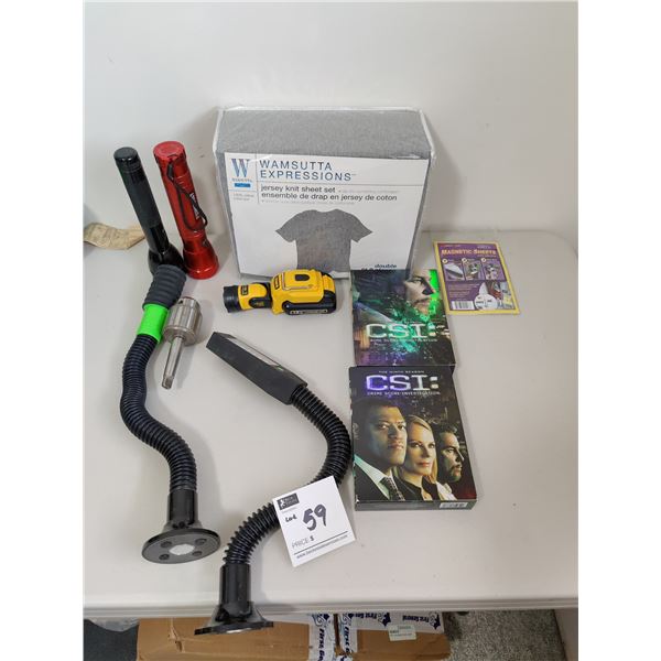 Magnetic Lights, Flashlights, CSI DVD Sets and Double Sized Bed Sheets