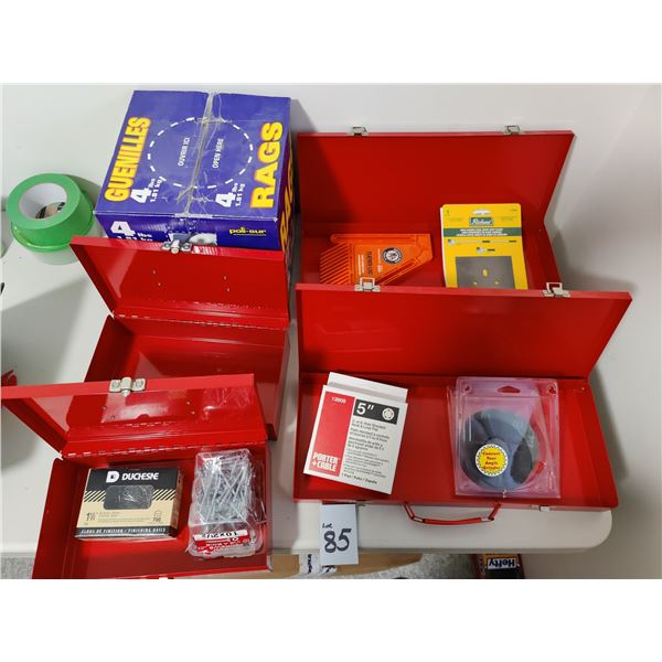 4 Small Metal Tool Boxes, All-Pupose Rags, Scrrws, Assorted Blades and More!