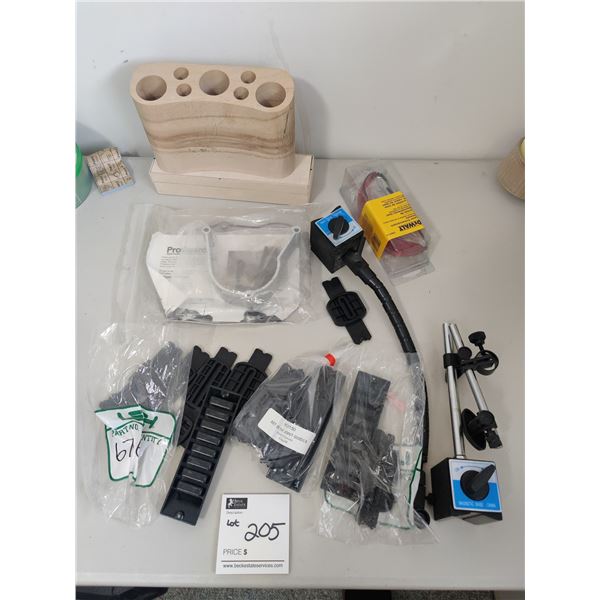 Assorted Plastic Joint Guides, Dewalt Safety Glasses, Wooden Box, Wooden Holder & More