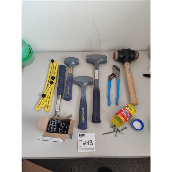 Assorted Hammers & Mallets, Measuring Tools, Pliers, and Hardware