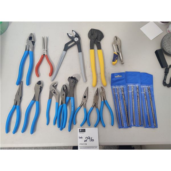 Assorted Pliers and Drill Bits