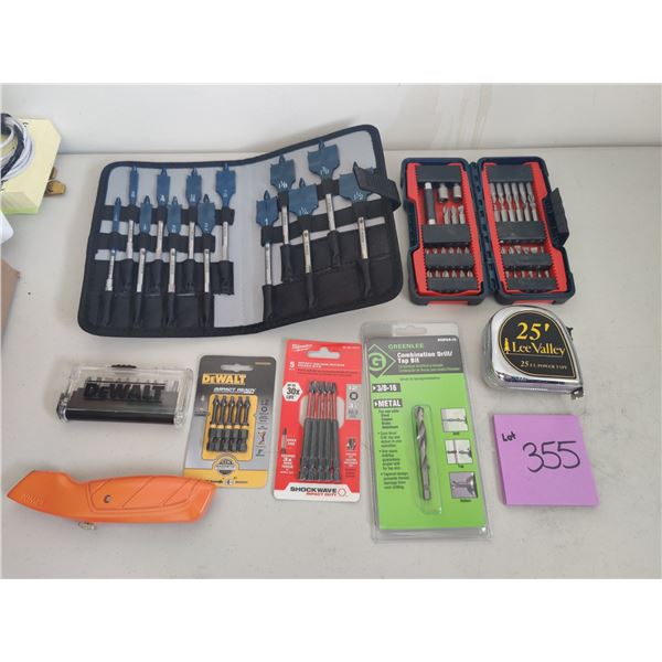 Assorted Drill Bits, Tape Measure & Exacto Knife
