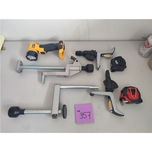 Assorted Dewalt Clamps, Flashlight and Tapen Measures