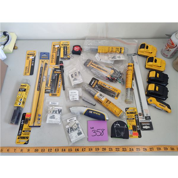 Assorted Dewalt Batteries, Drill Bits, Tape Measires & More!