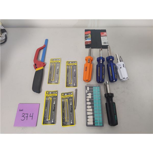 Assorted Screwdrivers, Drill Bits, Drummel Bits & Small Hand Saw