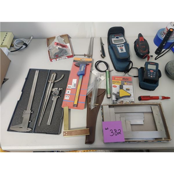 Bosch Meters, Wire Tracker, Calipers, Engineer's Steele Square, Assorted Hand Tools & Lights