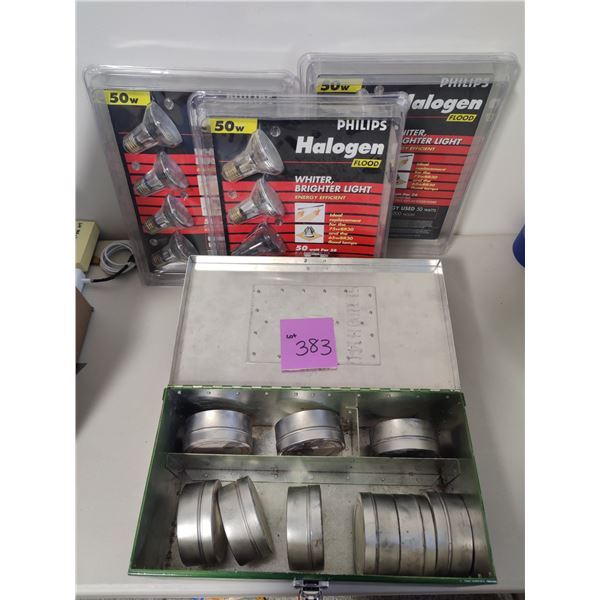 Halogen Light Bulbs & Green Tool Box with Metal Tins
