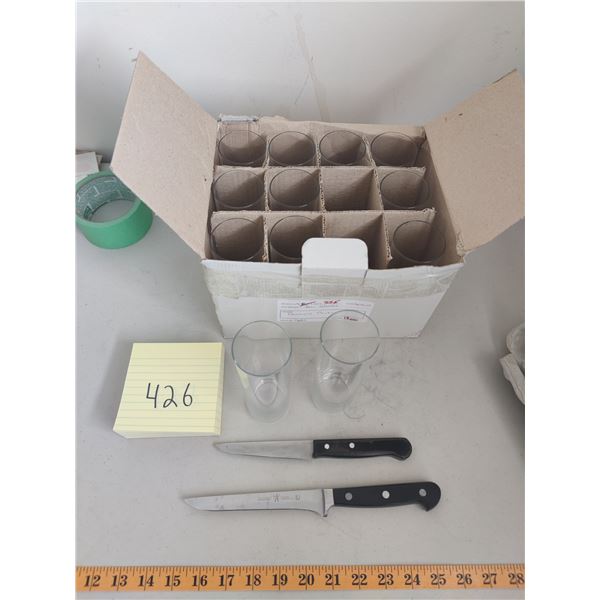 Set of 12 Champagne Glases and 2 Small Kitchen Knives