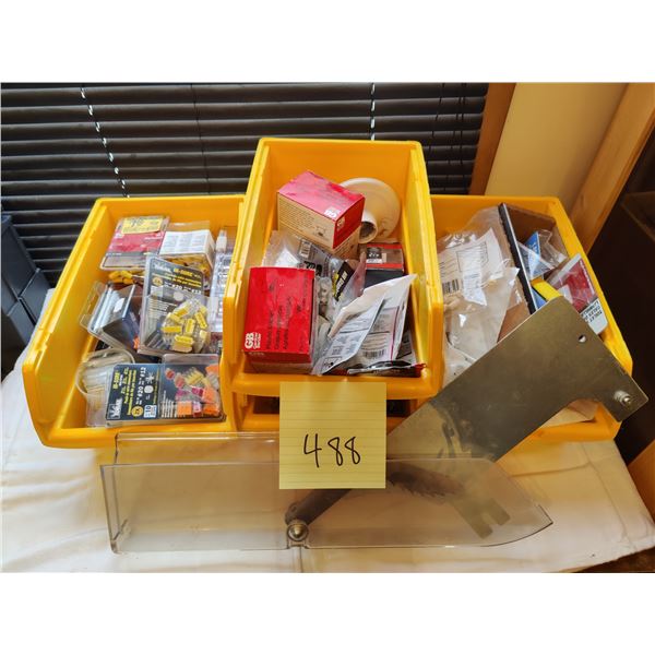 Yellow Storage Bins with Assorted Electrical Supplies