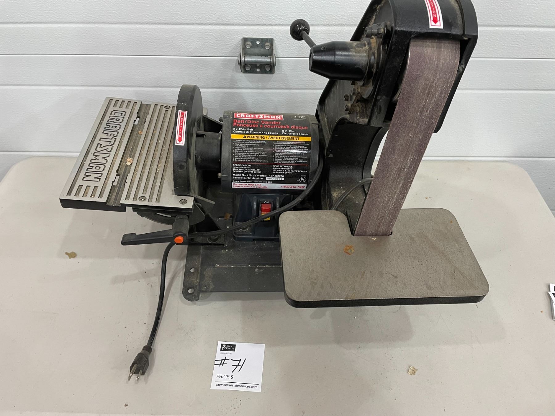 Craftsman Belt/Disc Sander Model #137283280 - Beck Auctions Inc.
