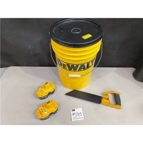 Dewalt Pail with Lid 22L - 2 Dewalt 18V Batteries & Dewalt Mini Saw