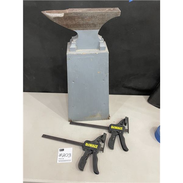 Anvil on Wooden Base (weight unknown) - Dewalt Clamps x2