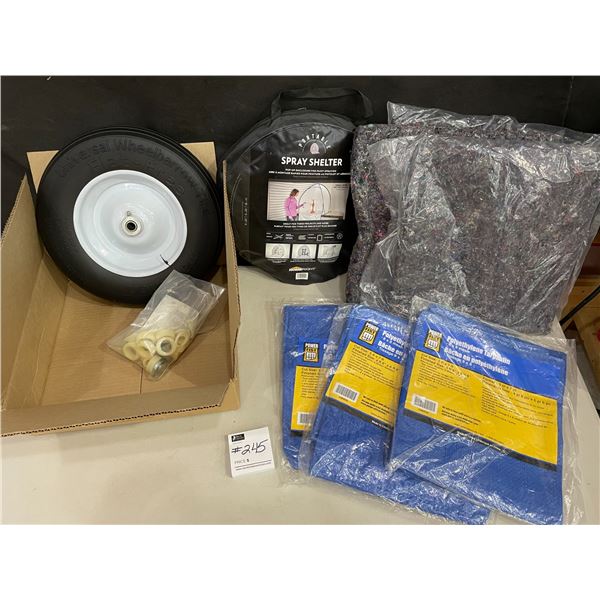 No Flat Brand New Wheelbarrow Wheels - 3 Brand New 8x8 Tarps - Felt Bench Pads x4